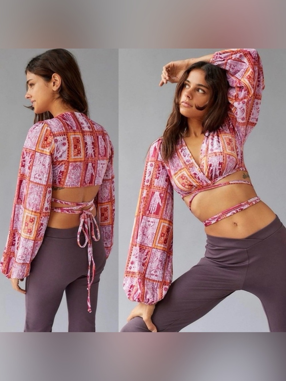 Urban Outfitters Tarot Card Velvet Puff Sleeve Wrap Top Pink Orange Crop Medium